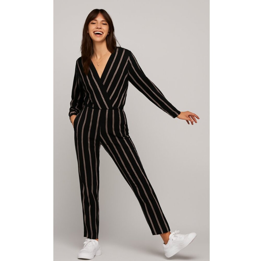 NWT Maje Pandomi Woven Striped Jumpsuit Black Stripe